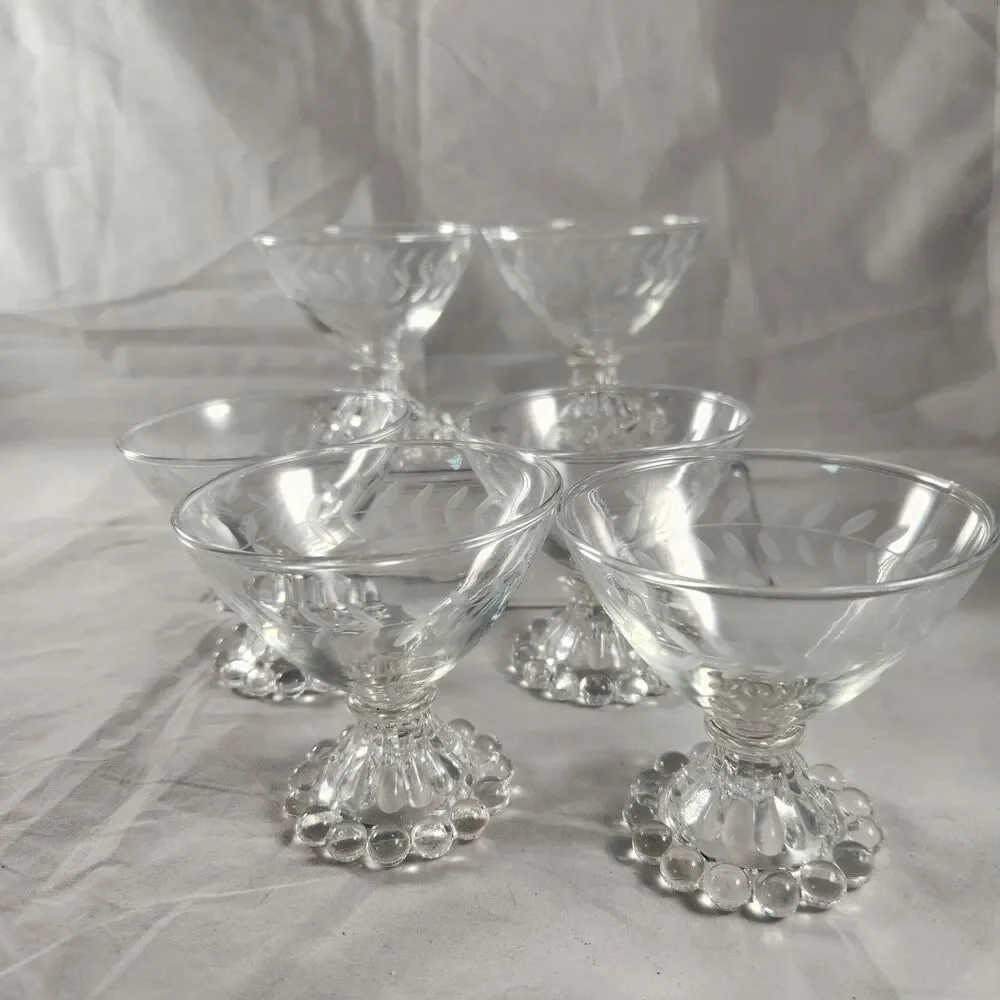 Set of 6 Anchor Hocking Etched Laurel Boopie Clear Champagne Sherbet Glasses